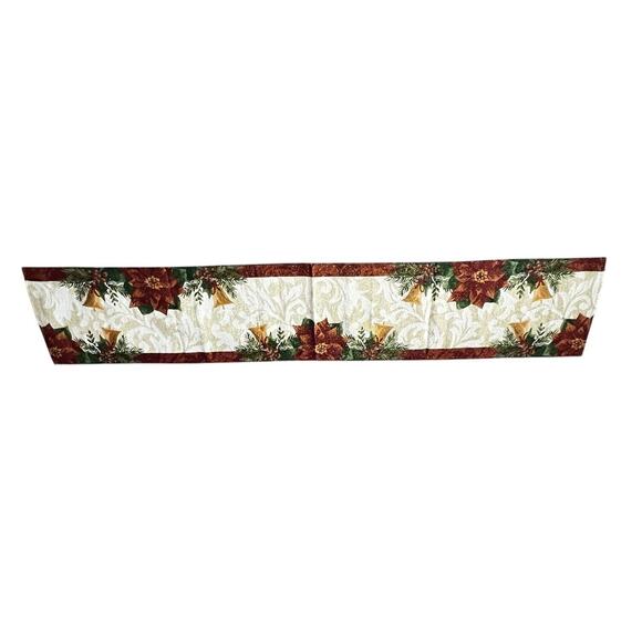 Vintage Tapestry Christmas Gold Bell Red Poinsettia Table Runner Decor 14"x71" - Picture 2 of 4